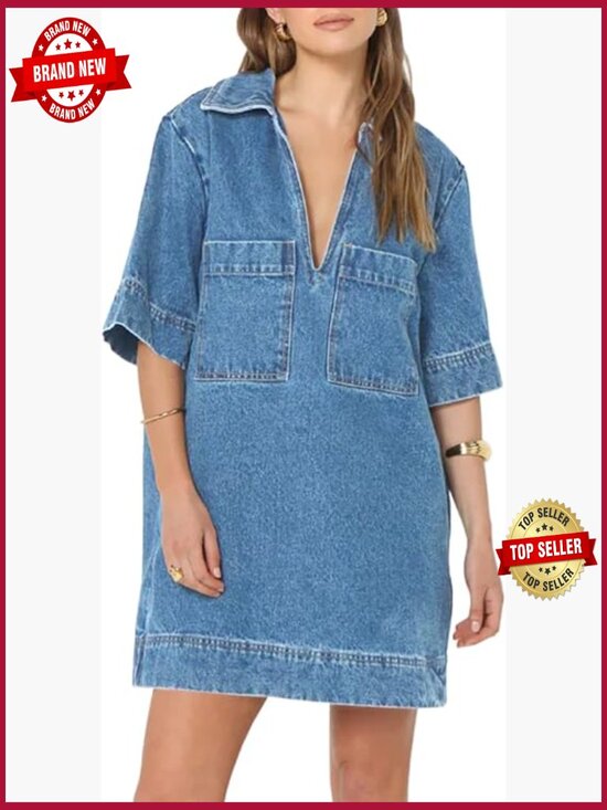 Dresses & Skirts - Denim Shirt Dress Mini Jean Dress with Pockets Deep V Neck